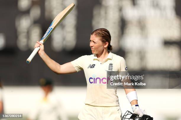 Heather Knight of England acknowledges the crowd after finishing the day on 127 not out during day two of the Women's Test match in the Ashes series...