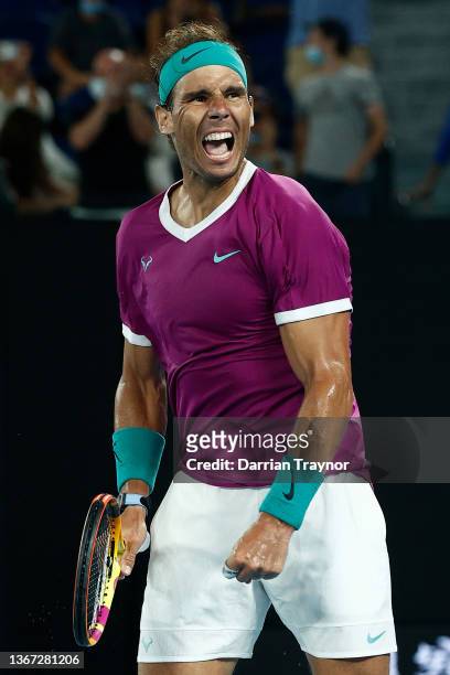 Rafael Nadal of Spain reacts after winning his Men's Singles semi-final match against Matteo Berrettini of Italy during day 12 of the 2022 Australian...