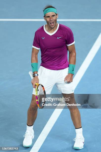 Rafael Nadal of Spain reacts after winning his Men's Singles semi-final match against Matteo Berrettini of Italy during day 12 of the 2022 Australian...