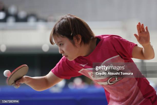 Miyu Hirano of Japan competes in the Women's Singles quarter final match during day five of the All Japan Table Tennis Championships at Tokyo...