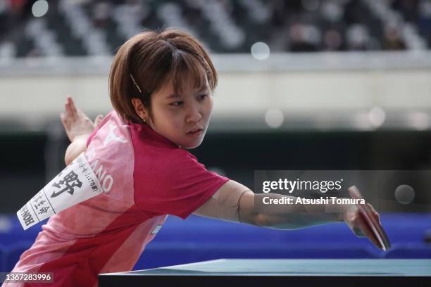 Miyu Hirano of Japan competes in the Women's Singles quarter final match during day five of the All Japan Table Tennis Championships at Tokyo...