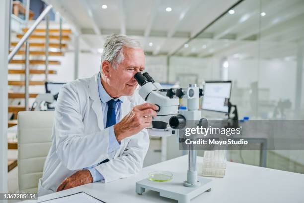 shot of a senior scientist using a microscope in a lab - physicist stock pictures, royalty-free photos & images