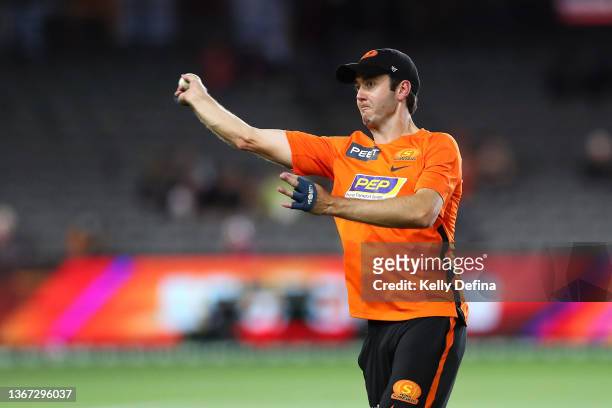 Kurtis Patterson of the Scorchers warms up during the Men's Big Bash League match between the Perth Scorchers and the Sydney Sixers at Marvel...