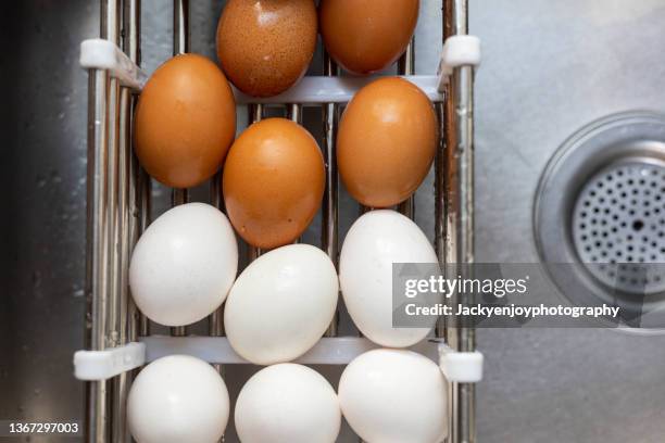 group egg chicken pile wet shell clean fresh from farm wash in stainless basin sink with droplet water - sinker stock pictures, royalty-free photos & images