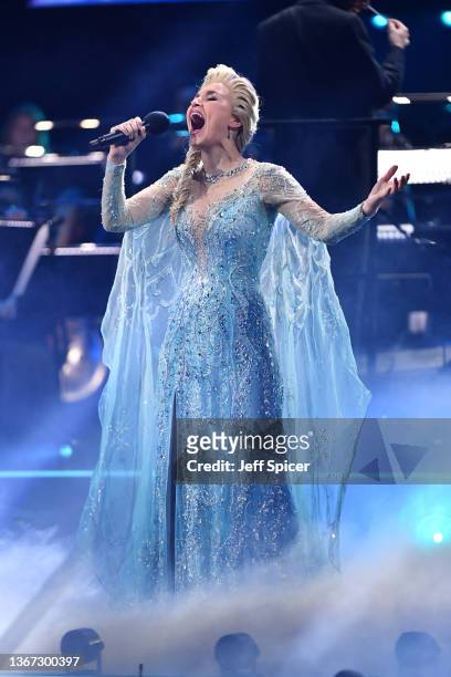 In this image released on January 28, 2022 Samantha Barks performs songs from Frozen on stage during The National Lottery's Big Night of Musicals at...