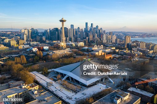 Aerial view of Climate Pledge Arena in Seattle Aerial view of Climate Pledge Arena in Seattle