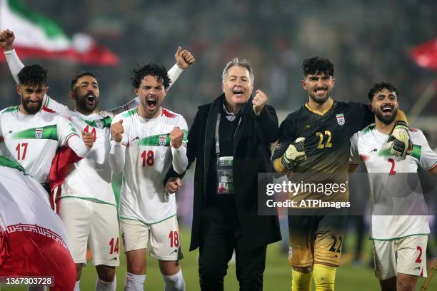 Ali Gholizadeh, Saman Ghoddos, Omid Noorafkan, Dragan Skočić, Amir Abedzadeh, Sadegh Moharrami of Iran celebrate after the match during FIFA World...