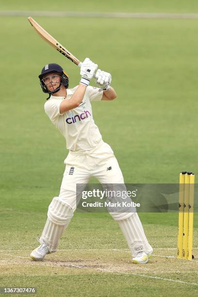 Amy Jones of England bats during day two of the Women's Test match in the Ashes series between Australia and England at Manuka Oval on January 28,...