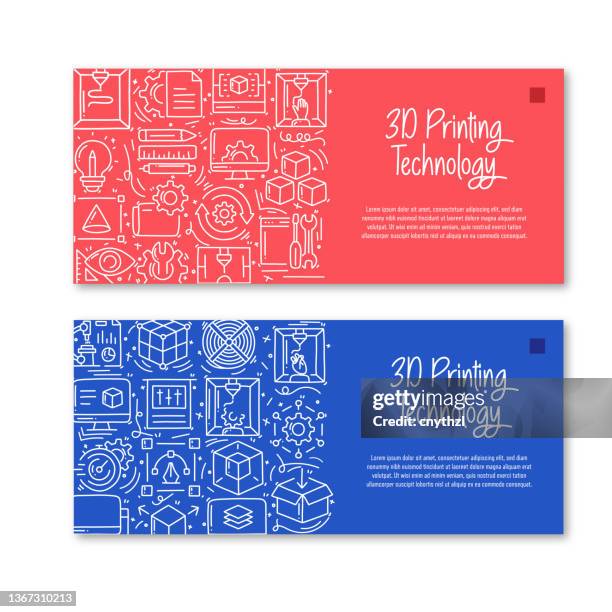 3d printing technology related objects and elements. hand drawn vector doodle illustration. banner template with different 3d printing objects - light installation stock illustrations