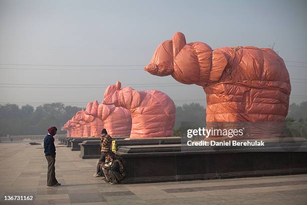 Worker stands under covered elephant statues at the Ambedkar Park on January 11, 2012 in Noida, Uttar Pradesh, India. India's Election Commission has...