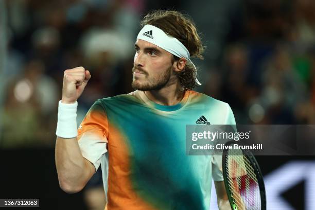 Stefanos Tsitsipas of Greece reacts after winning a point in his Men's Singles semi-final match against Daniil Medvedev of Russia during day 12 of...