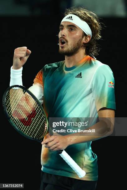 Stefanos Tsitsipas of Greece reacts after winning a point in his Men's Singles semi-final match against Daniil Medvedev of Russia during day 12 of...