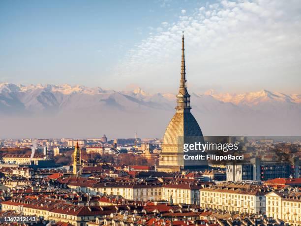 panoramic view of turin skyline with alps in the background - turin stock pictures, royalty-free photos & images