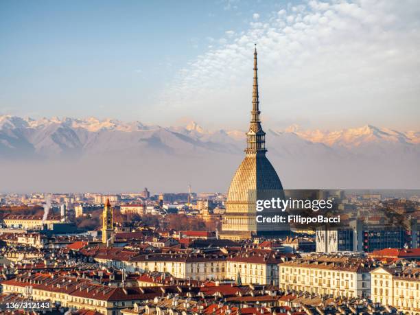 panoramic view of turin skyline with alps in the background - superga hill stock pictures, royalty-free photos & images