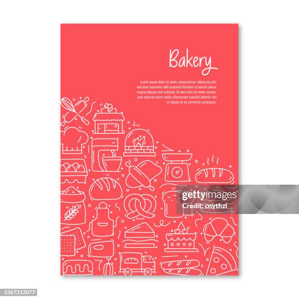 bakery related objects and elements. hand drawn vector doodle illustration collection. poster, cover template with different bakery objects - artisan bread stock illustrations