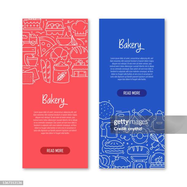 bakery related objects and elements. hand drawn vector doodle illustration collection. banner template with different bakery objects - artisan bread stock illustrations