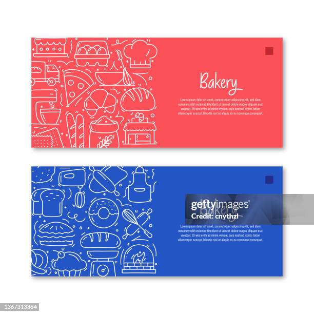 bakery related objects and elements. hand drawn vector doodle illustration collection. banner template with different bakery objects - artisan bread stock illustrations