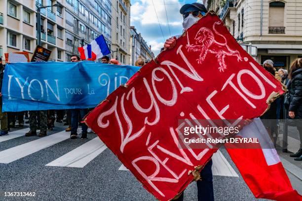Manifestaion organisée par le mouvement "LYON POUR LA LIBERTÉ" contre le pass vaccinal le 22 janvier 2022 à Lyon.