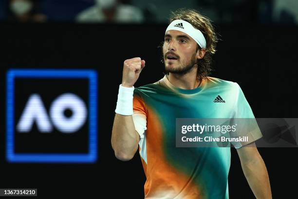 Stefanos Tsitsipas of Greece react after winning a point in his Men's Singles semi-final match against Daniil Medvedev of Russia during day 12 of the...