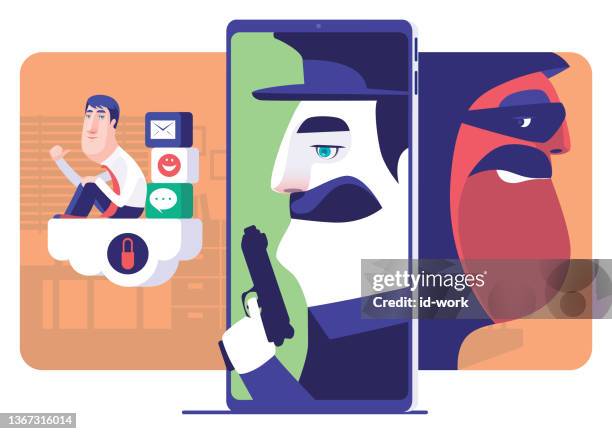 businessman with security guard and hacker hiding behind smartphone - fraud prevention stock illustrations