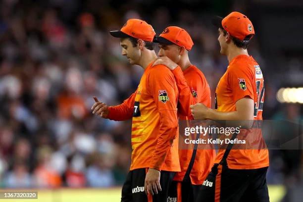 Kurtis Patterson of the Scorchers inspects his finger after catching out Dan Christian of the Sydney Sixers during the Men's Big Bash League match...