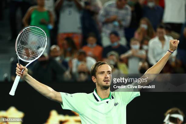 Daniil Medvedev of Russia celebrates after winning his Men's Singles semi-final match against Stefanos Tsitsipas of Greece during day 12 of the 2022...