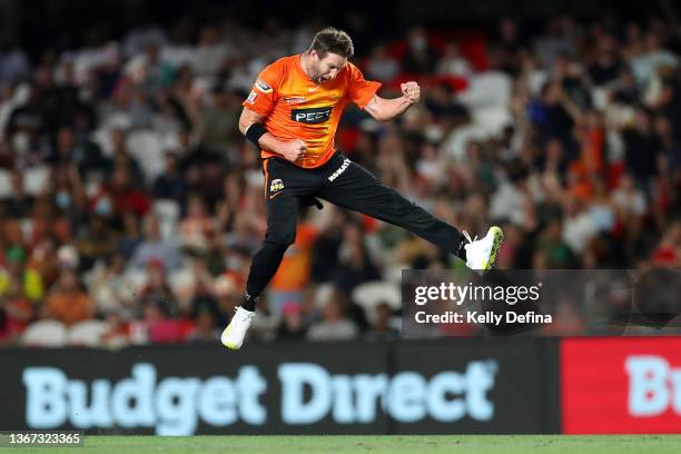 Andrew Tye of the Scorchers celebrates taking the wicket of Dan Christian of the Sydney Sixers during the Men's Big Bash League match between the...