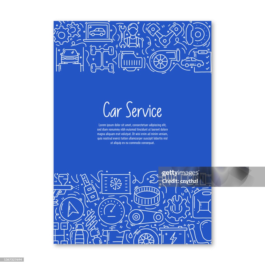 Car Service Related Objects and Elements. Hand Drawn Vector Doodle Illustration Collection. Poster, Cover Template with Different Car Service Objects