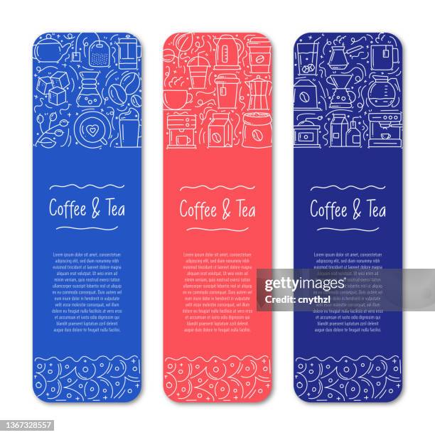 coffee and tea related objects and elements. hand drawn vector doodle illustration collection. banner template with different coffee and tea objects - sugar cube stock illustrations