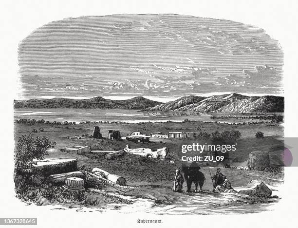 ruins of capernaum, sea of galilee, wood engraving, published 1862 - capernaum stock illustrations