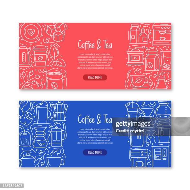 coffee and tea related objects and elements. hand drawn vector doodle illustration collection. banner template with different coffee and tea objects - sugar cube stock illustrations