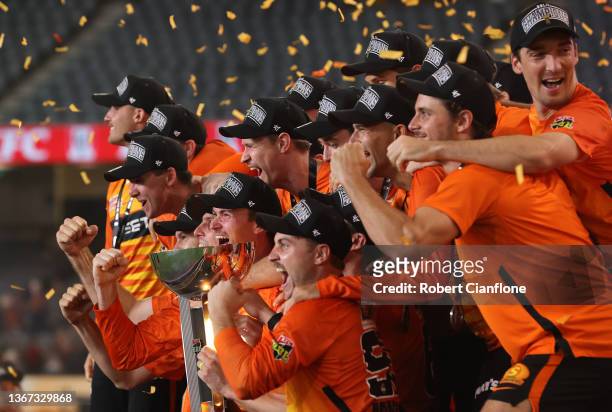 The Scorchers celebrate after they defeated the Sydney Sixers during the Men's Big Bash League match between the Perth Scorchers and the Sydney...
