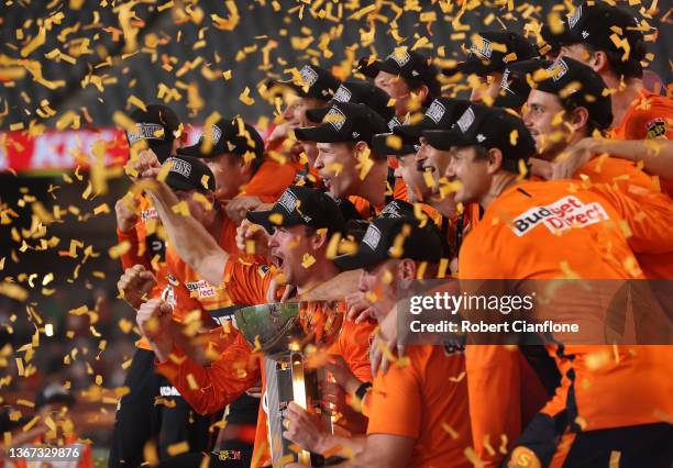 The Scorchers celebrate after they defeated the Sydney Sixers during the Men's Big Bash League match between the Perth Scorchers and the Sydney...