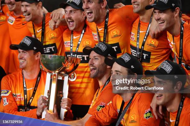 The Scorchers celebrate after they defeated the Sydney Sixers during the Men's Big Bash League match between the Perth Scorchers and the Sydney...