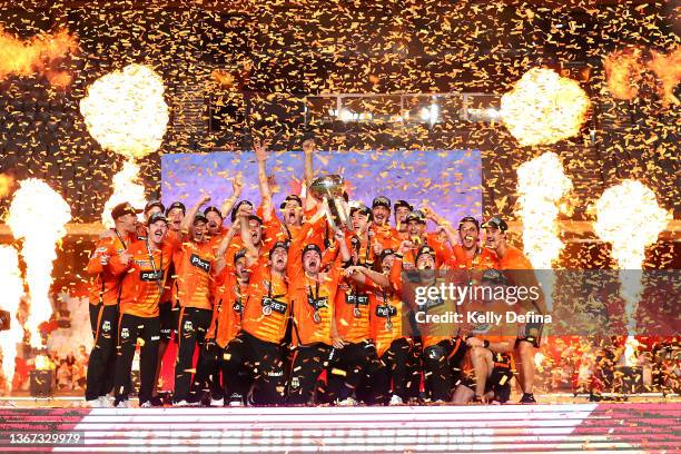 The Scorchers celebrate winning during the Men's Big Bash League match between the Perth Scorchers and the Sydney Sixers at Marvel Stadium, on...