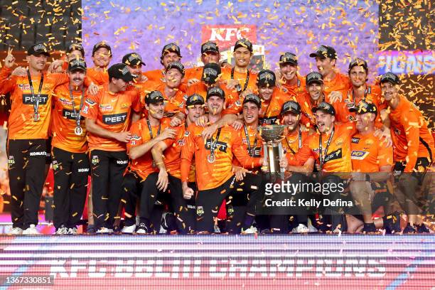 The Scorchers celebrate winning during the Men's Big Bash League match between the Perth Scorchers and the Sydney Sixers at Marvel Stadium, on...