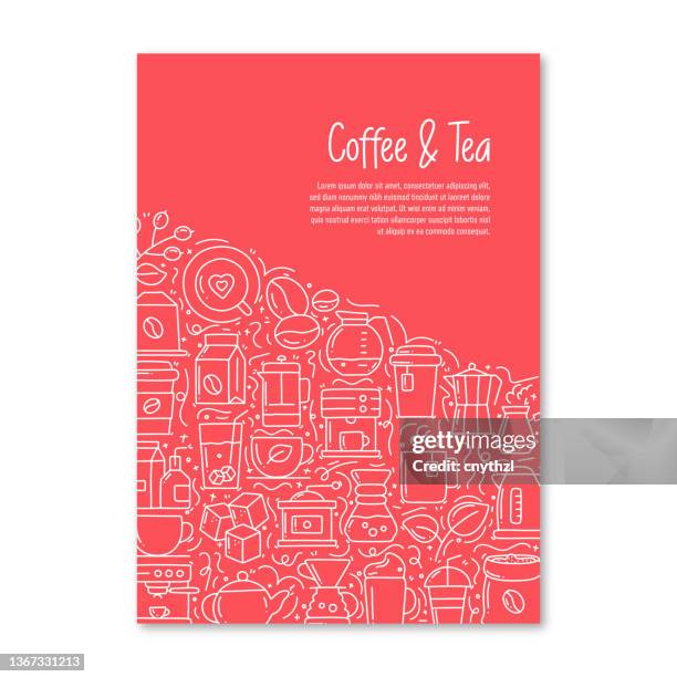 coffee and tea related objects and elements. hand drawn vector doodle illustration collection. poster, cover template with different coffee and tea objects - sugar cube stock illustrations