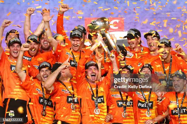 The Perth Scorchers celebrate winning BBL 11 during the Men's Big Bash League match between the Perth Scorchers and the Sydney Sixers at Marvel...