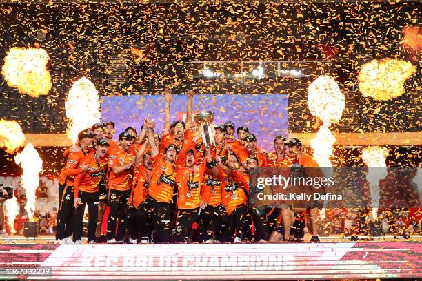 The Perth Scorchers celebrate winning BBL 11 during the Men's Big Bash League match between the Perth Scorchers and the Sydney Sixers at Marvel...