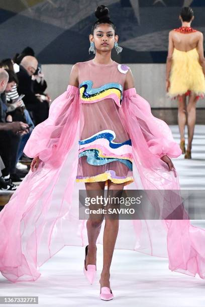 Model walks the runway during the Yanina Couture Haute Couture Spring/Summer 2022 show as part of Paris Fashion Week on January 27, 2022 in Paris,...