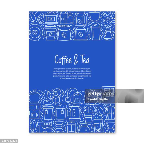 coffee and tea related objects and elements. hand drawn vector doodle illustration collection. poster, cover template with different coffee and tea objects - sugar cube stock illustrations