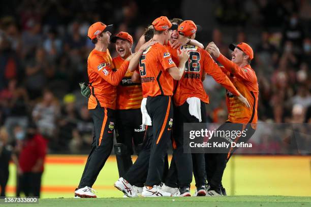 The Perth Scorchers celebrate winning BBL 11 during the Men's Big Bash League match between the Perth Scorchers and the Sydney Sixers at Marvel...