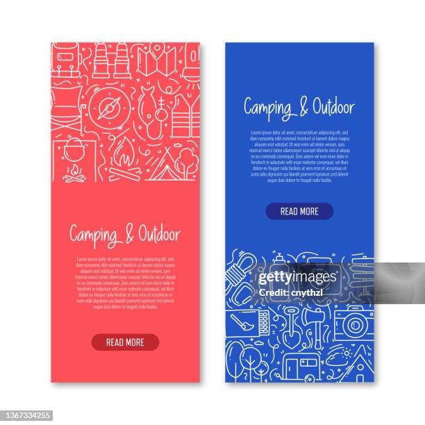 camping and outdoor related objects and elements. hand drawn vector doodle illustration collection. banner template with different camping and outdoor objects - setting up camera stock illustrations