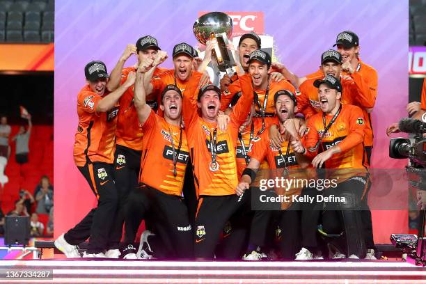 The Perth Scorchers celebrate winning BBL 11 during the Men's Big Bash League match between the Perth Scorchers and the Sydney Sixers at Marvel...