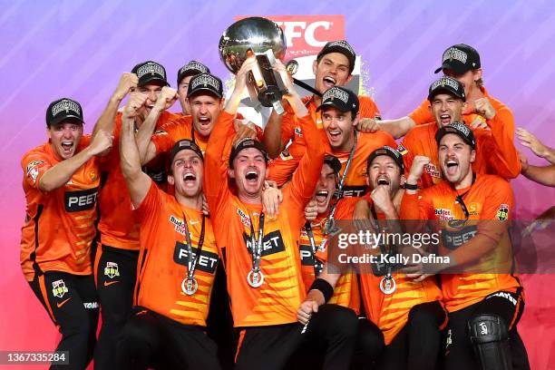 The Perth Scorchers celebrate winning BBL 11 during the Men's Big Bash League match between the Perth Scorchers and the Sydney Sixers at Marvel...