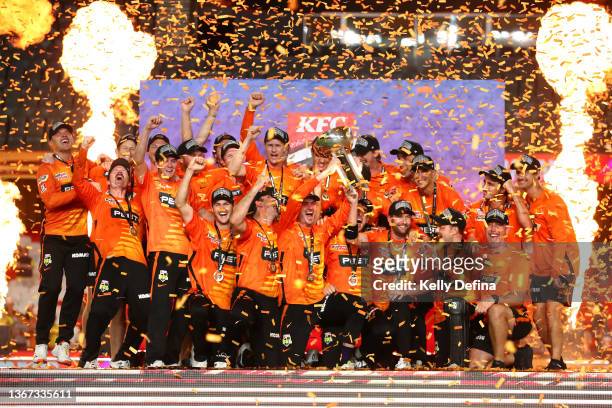 The Scorchers celebrate winning during the Men's Big Bash League match between the Perth Scorchers and the Sydney Sixers at Marvel Stadium, on...