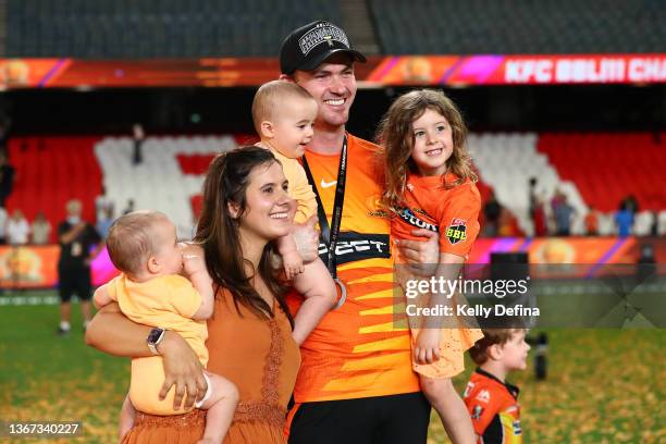 Ashton Turner of the Scorchers poses with family after the Perth Scorchers win the BBL 11 during the Men's Big Bash League match between the Perth...