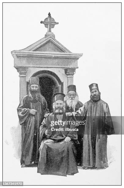 antique travel photographs of jerusalem and surroundings: greek priests - orthodox stock illustrations