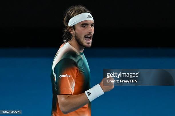 Stefanos Tsitsipas of Greece celebrates during his match against Daniel Medvedev of Russia in the semi-final of the men's singles during day 12 of...