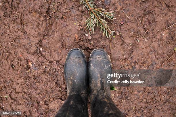 muddy wellies wellinton boots in mud hiking walking - looking down at feet stock pictures, royalty-free photos & images